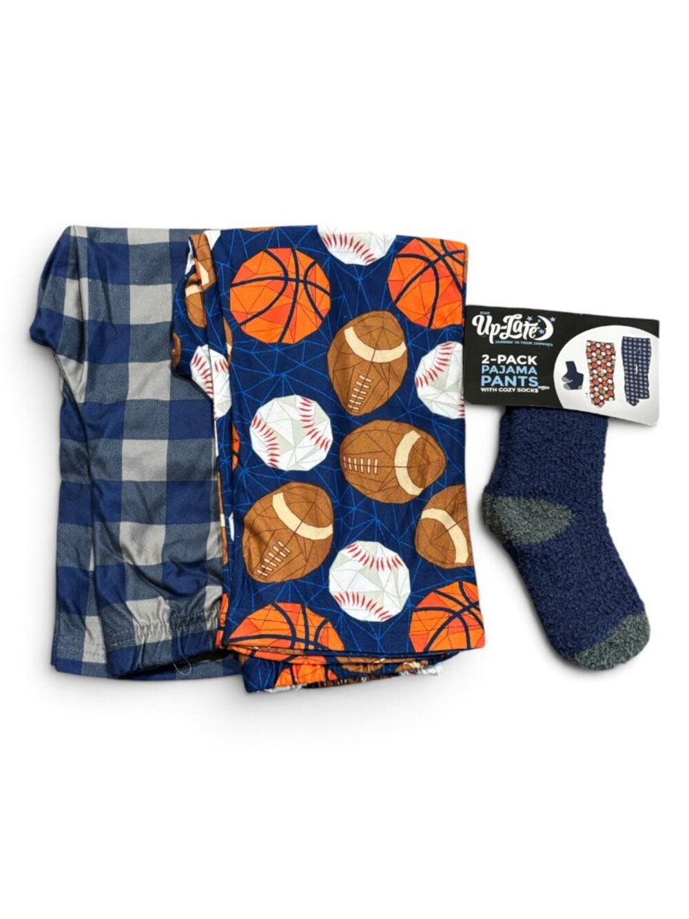 NWT Up-late Boys 2-Pack Pajama Long Pants Sports & Blue Plaid Sleepwear & Socks